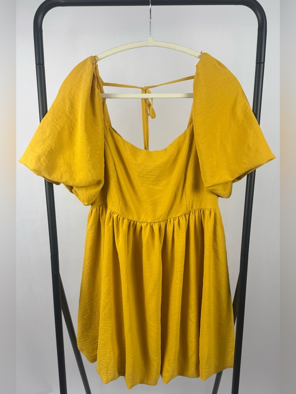HYFVE Mustard Yellow Puff Sleeve Babydoll Mini Dress Tie Back NWT Size L - Picture 2 of 6